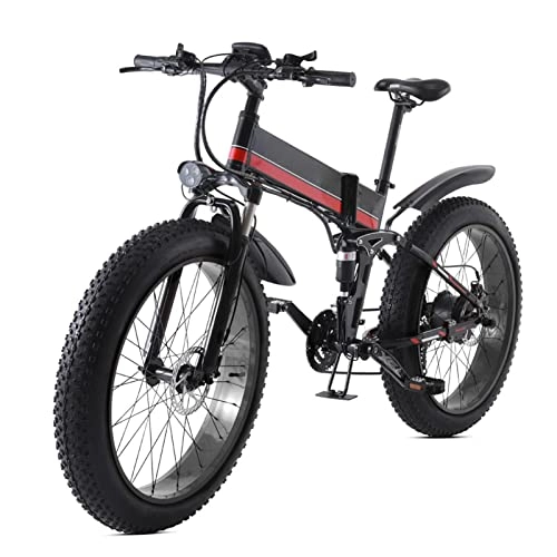 Zusammenklappbares elektrisches Mountainbike : 1000W Faltbares Elektrofahrrad für Erwachsene 24MPH, 26 Zoll Mountain Fat Tire Elektrofahrrad 48V 12.8Ah 21 Geschwindigkeit faltendes E-Bike (Farbe : Rot)