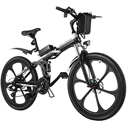 Zusammenklappbares elektrisches Mountainbike : ANCHEER 26 Zoll E-Bike Mountainbike 250W Motor 36V 8AH Lithium Akku 21-Gang, Faltbares Elektrofahrrad Klapprad Pedelec mit 6-Speichen-Rad Vollfederung