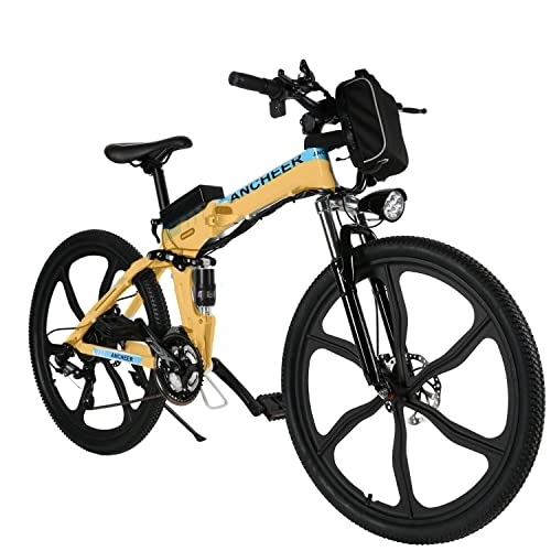 Zusammenklappbares elektrisches Mountainbike : ANCHEER 26 Zoll E-Bike Mountainbike 250W Motor 36V 8AH Lithium Akku 21-Gang, Faltbares Elektrofahrrad Klapprad Pedelec mit 6-Speichen-Rad Vollfederung (Weiß)