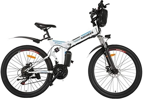 Zusammenklappbares elektrisches Mountainbike : ANCHEER Unisex – Erwachsene AE3 E-Bike, Weiß-blau, 26 inches