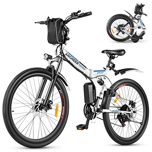 Zusammenklappbares elektrisches Mountainbike : ANCHEER Unisex-Erwachsene E-Bike Faltbar, weiß, 26