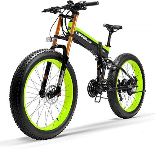 Zusammenklappbares elektrisches Mountainbike : CNRRT 27-Gang 1000 Watt faltbares elektrisches Fahrrad 26 * 4.0 Fat Bike 5 Pas Hydraulische Scheibenbremse 48V 10Ah-Wiederaufladbare Lithium-Batterieaufladung, Pedelec (Schwarz-Green-Upgrade-Version,