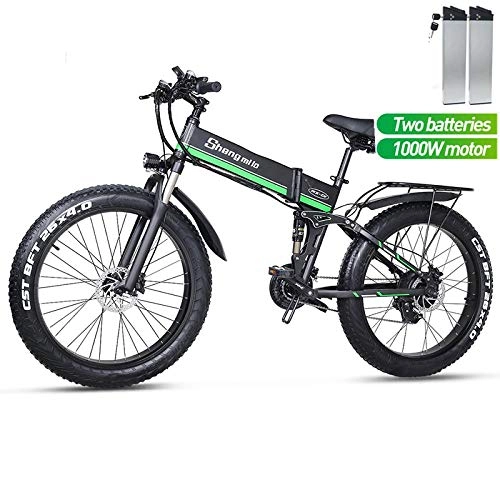 Zusammenklappbares elektrisches Mountainbike : cuzona 1000w 48v Elektrofahrrad Fat Reifen Faltroller Erwachsenen Elektrofahrrad Lithiumbatterie Elektrofahrrad Bergschnee Bike-Two_Battery_Green_France
