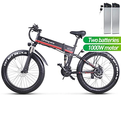 Zusammenklappbares elektrisches Mountainbike : cuzona 1000w 48v Elektrofahrrad Fat Reifen Faltroller Erwachsenen Elektrofahrrad Lithiumbatterie Elektrofahrrad Bergschnee Bike-Two_Battery_red_China
