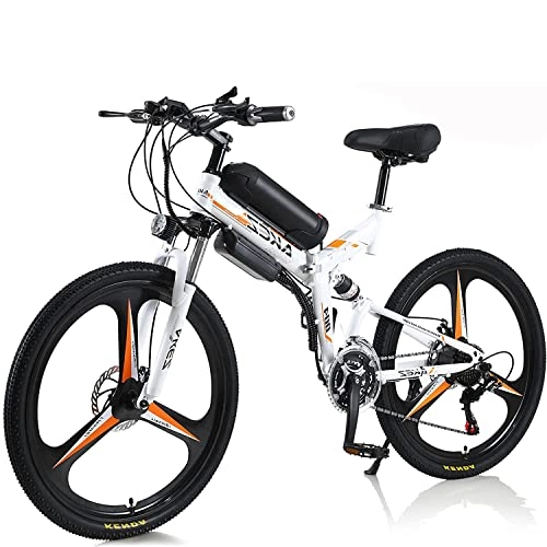 Zusammenklappbares elektrisches Mountainbike : E-Bike Mountainbike Elektrofahrrad 26 Zoll, Klapprad Vollfederung MTB für Herren Damen, 21 Gang Shimano Hinterradmotor 250W, Scheibenbremsen, mit 36V-10.4Ah Akku (Weiß)
