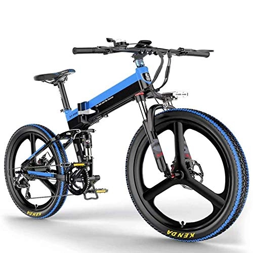 Zusammenklappbares elektrisches Mountainbike : Elektro-Bike Für Erwachsene 48V 10Ah Lithium-Ionen-Wechselakku, Aluminium Rahmen Und Das Ultraleichte Magnesium-Legierung Rad, DREI Einbau-Riding Modes, Black Blue