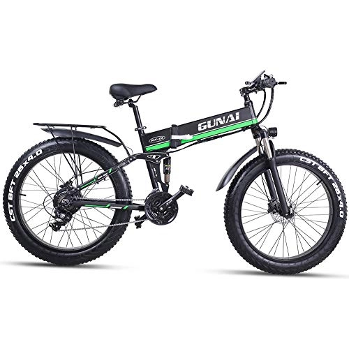 Zusammenklappbares elektrisches Mountainbike : GUNAI 26 Zoll Fettreifen Elektrofahrrad 1000W 48V Faltendes Fettes Reifen-Mountainbike mit Rücksitz MTB mit Lithium-Batterie Hydraulische Scheibenbremse