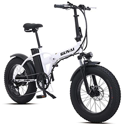 Zusammenklappbares elektrisches Mountainbike : GUNAI 500W Elektrofahrräder, 20 Zoll Faltbare Mountain Snow E-Bike Rennrad mit Scheibenbremsen 7 Geschwindigkeit (Weiß)