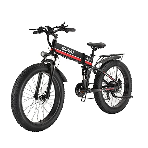 Zusammenklappbares elektrisches Mountainbike : GUNAI Electric Bike 26 Zoll Faltbarer Fetter Reifen Snowbike 21-Gang-Mountainbike mit Rücksitz （Rot）