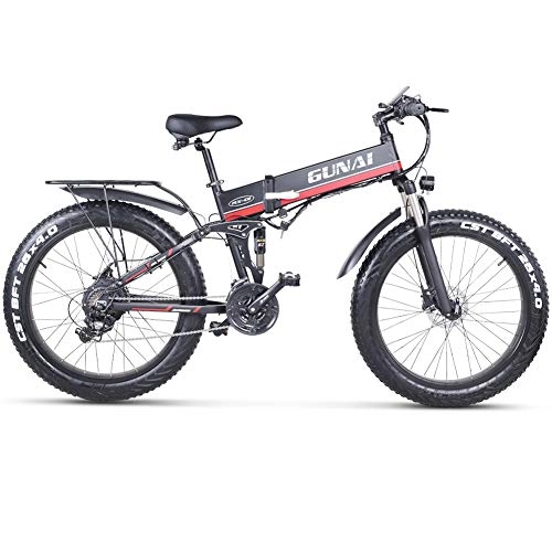 Zusammenklappbares elektrisches Mountainbike : GUNAI Elektrisches Fahrrad 48V 1000W Männer, das Ebike 21 Geschwindigkeits-Mountain & Road Fahrrad mit 48V 12Ah Lithium-Batterie mit Rücksitz