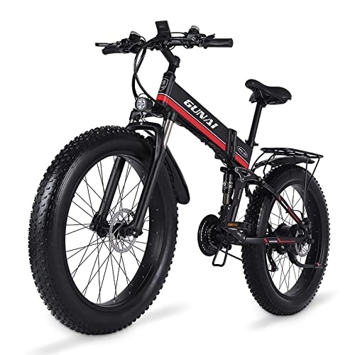 Zusammenklappbares elektrisches Mountainbike : GUNAI Fettreifen Fahrrad 26 Zoll Elektro Fahrrad 48 V Schnee e-Bike 7 Geschwindigkeiten Llithium Batterie Hydraulische Scheibenbremsen Mountain E-Bike für Erwachsene mit Rücksitz