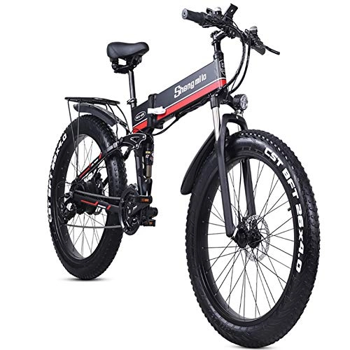 Zusammenklappbares elektrisches Mountainbike : HAOYF 1000W Klappbares Elektrofahrrad Mit 26 * 4, 0 Zoll Fat Reifen, Lithium-Ionen-Batterie (36 V, 250 W), 3 Fahrmodi, Premium-Vollfederung Und Hochwertige Ausrüstung, Rot
