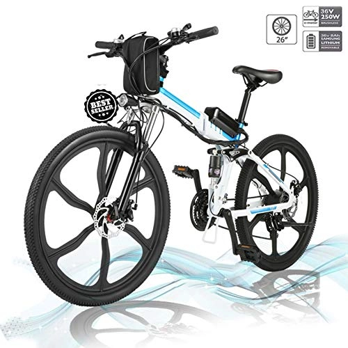 Zusammenklappbares elektrisches Mountainbike : Hiriyt Faltbares E-Bike, 36V 250W Elektrofahrräder, 12.8A Lithium Batterie Mountainbike, 26 Zoll Große Kapazität Pedelec mit Lithium-Akku und Ladegerät (Weiß Blau)