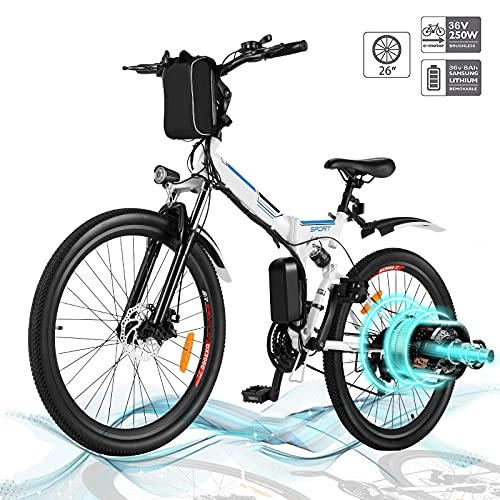 Zusammenklappbares elektrisches Mountainbike : Hiriyt Faltbares E-Bike, 36V 250W Elektrofahrräder, 8A Lithium Batterie Mountainbike, 26 Zoll Große Kapazität Pedelec mit Lithium-Akku und Ladegerät (Faltbar_Weiß.)