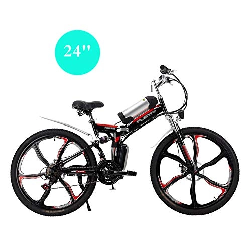 Zusammenklappbares elektrisches Mountainbike : HLEZ E-Bike, 24 / 26 Zoll Mountainbike 8Ah 48V Lithium-Ionen-Akku und Hinterradmotor 350W, 21 Gang Nabenschaltung für Damen und Herren, One Body Black, 24''