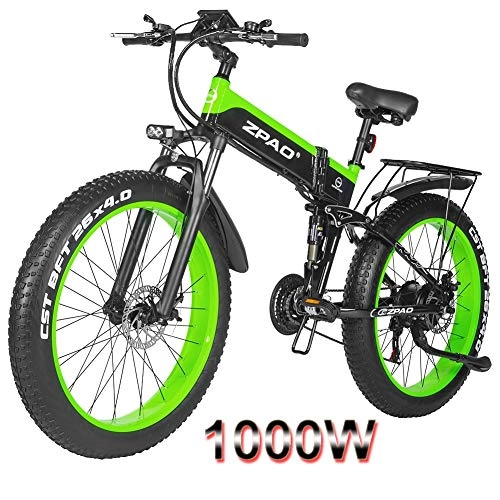 Zusammenklappbares elektrisches Mountainbike : HOME-MJJ Elektro-Faltrad 26inch Fat Tire E-Bike 48V1000W Electric Mountain Bike Höchstgeschwindigkeit 40 km / h Erwachsene Elektro-Fahrrad Strand E-Bikes (Color : Green, Size : 48v-12.8ah)