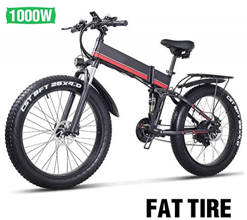 Zusammenklappbares elektrisches Mountainbike : HSART 26" 1000W Elektrofahrrad, Faltbares Mountainbike, 4" Fat Tire E-Fahrrad, 48 V 12, 8 Ah, Rot