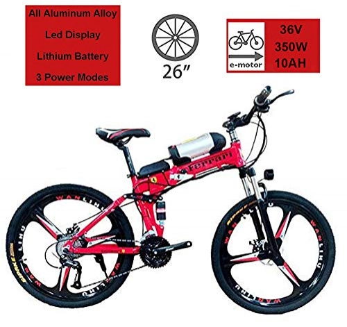 Zusammenklappbares elektrisches Mountainbike : HSART 26" Elektrofahrräder für Erwachsene, 350W Aluminiumlegierung Mountain E-Fahrrad mit 36V 10AH Lithium-Ionen-Akku 21 Geschwindigkeit Faltbares Citybike (Rot)