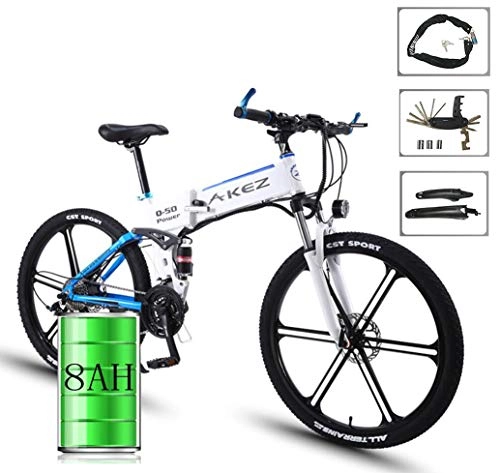 Zusammenklappbares elektrisches Mountainbike : HSART 26" Elektrofahrräder für Erwachsene, E-Fahrrad mit 36V 350W 8Ah Herausnehmbarer Lithium-Ionen Akku Mountainbikes für Herren, Weiß