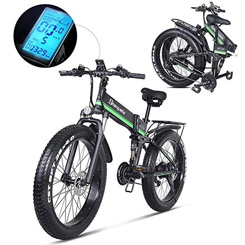 Zusammenklappbares elektrisches Mountainbike : KER Fettreifen Elektrofahrrad Mountainbike 26" E-Bike mit 48V / 1000W Lithium-Batterie und Shimano 21-Gang Vollfederung hydraulische Scheibenbremse Elektrisches Fahrrad Black+Green