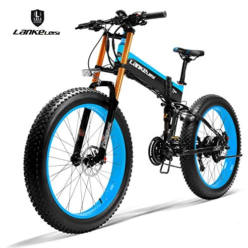 Zusammenklappbares elektrisches Mountainbike : LANKELEISI 750PLUS 48V14.5AH 1000W EngineAll-Powerful Leistungsfähiges elektrisches Fahrrad 26 '' 4.0 Großhandelsreifen Ebike 27 Geschwindigkeits-Schnee MTB (blau)