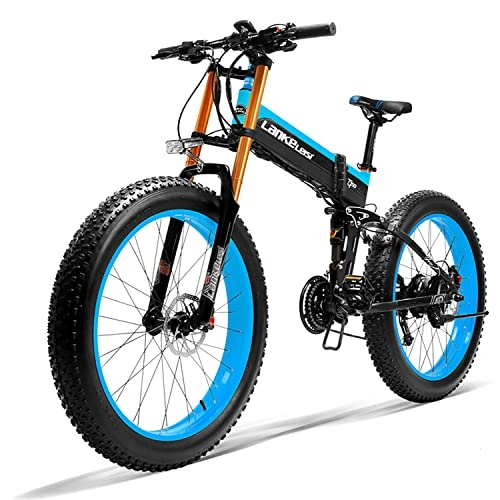 Zusammenklappbares elektrisches Mountainbike : LANKELEISI Elektrisches Mountainbike für Erwachsene, 66 x 4, 0 Breitrad MTB mit Motor, Abnehmbarer Akku 48 V, 15 Ah, LCD-Display, 7 Geschwindigkeiten, Schwarz und Blau T750plus