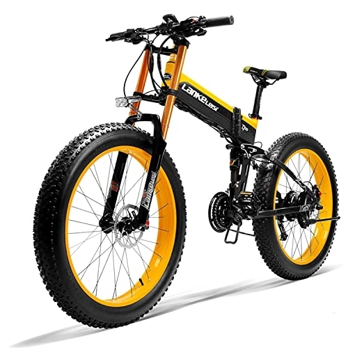 Zusammenklappbares elektrisches Mountainbike : LANKELEISI Elektrisches Mountainbike für Erwachsene, 66 x 4, 0 Breitrad MTB mit Motor, Abnehmbarer Akku 48 V, 15 Ah, LCD-Display, 7 Geschwindigkeiten, Schwarz und Gelb T750plus