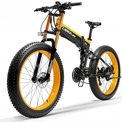 Zusammenklappbares elektrisches Mountainbike : LANKELEISI T750plus Elektro-Mountainbike, zusammenklappbar, 26 Zoll, für Erwachsene, E-Bike mit 27 Gängen, mit abnehmbarem Akku (Gelb, 10, 4 Ah)