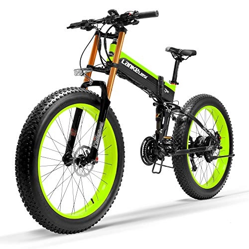 Zusammenklappbares elektrisches Mountainbike : LANKELEISI T750Plus Neues elektrisches Mountainbike, 5-Stufen-Pedal-Assist-Sensor, Snow Bike, 48V 14.5Ah Li-Ion-Akku, Upgraded zu Downhill-Gabel (Schwarz Grün, 1000W 14.5Ah + 1 Ersatzbatterie)