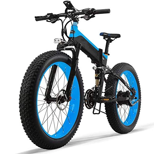 Zusammenklappbares elektrisches Mountainbike : LZMXMYS Elektrisches Fahrrad, Elektro-Mountainbike-1000W 26inch Fat Tire E-Bike 27 Beschleunigt Strand Mens Sport Bike for Erwachsene 48V 13AH Lithium-Batterie Folding Elektro-Fahrrad (Color : Blue)