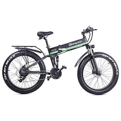 Zusammenklappbares elektrisches Mountainbike : Qinmo Aluminiumlegierung Fahrrad gelände, 1000W leistungsstarke Elektro Snow Bike, 48V super große Batterie E Fahrrad 21-Gang-Outdoor-Sport Reiten (Color : Green)