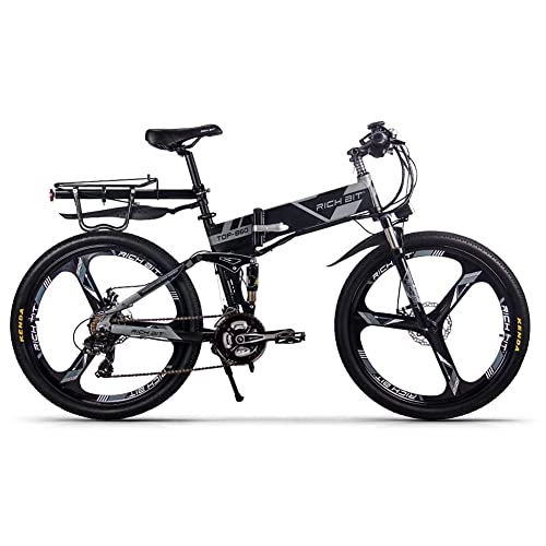 Zusammenklappbares elektrisches Mountainbike : RICH BIT RT-860 Faltbares Elektrofahrrad 26", 250 W E-Bike mit austauschbarem 12, 8-Ah-Akku, 21 Geschwindigkeiten, Vollfederung (grau)