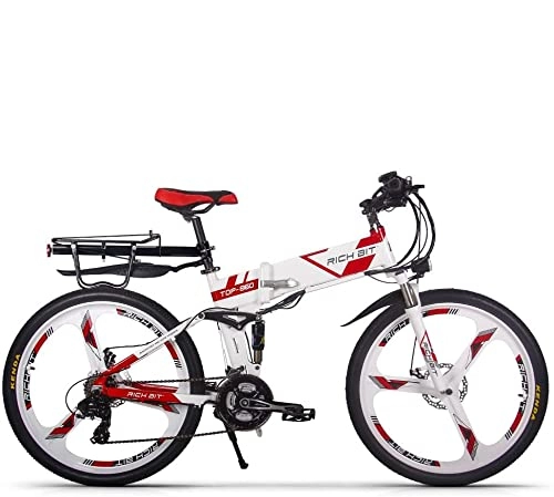 Zusammenklappbares elektrisches Mountainbike : Rich Bit Top-860 36V 12.8AH Full Suspension City Bike Folding Elektrische Faltenbergfahrrad (White-Red)