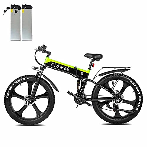 Zusammenklappbares elektrisches Mountainbike : ride66 R5 26 Zoll Fat Tire Falt-E-Bike Mountainbike 1000W 48V 12, 8AH LG-Zellenbatterie 21-Gang-Hydraulikbremsen (Grüne Doppelbatterie)