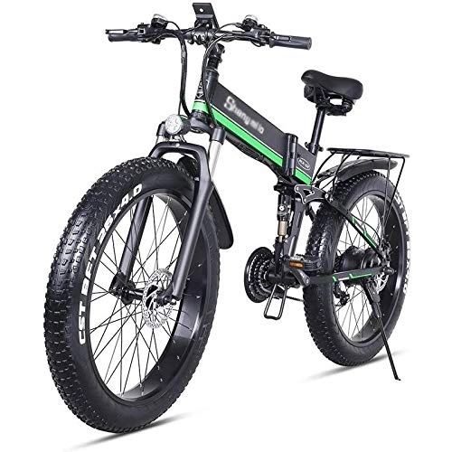 Zusammenklappbares elektrisches Mountainbike : Rindasr 26-Zoll-Folding Elektro-Bike, 48V / 1000W / 12.8AH Lithium-Batterie, 4, 0 berdimensionale Reifen, Beach Cruiser Sport Mountainbikes / Elektro Elektro-Fahrrad (Color : Green)