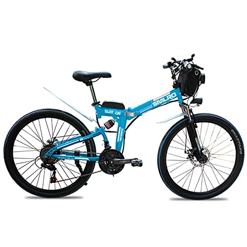 Zusammenklappbares elektrisches Mountainbike : SAWOO 1000W Elektrofahrrad Elektro-Mountainbike 26 Zoll faltendes E-Bike mit 10AH Lithium-Batterie Schnee-E-Bike 21-Gang-Getriebe (Blau)