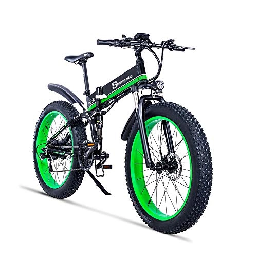 Zusammenklappbares elektrisches Mountainbike : Shengmilo 26 Zoll Elektrofahrrad 1000W Elektrofahrrad 4.0 Fat Tire E-Bike 48V Herren Mountainbike Snow Bike Vollfederung (Green, 12.8Ah)