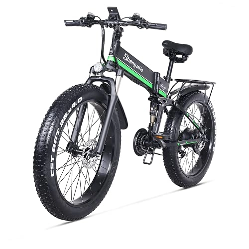 Zusammenklappbares elektrisches Mountainbike : Shengmilo (MX01) Elektrofahrrad für Erwachsene, 1000 W, fetter Reifen, 66 x 10, 2 cm, Elektrofahrrad für Erwachsene, mit abnehmbarem Lithium-Akku und Ladegerät, Schwarz / Grün, Ersatzakku)
