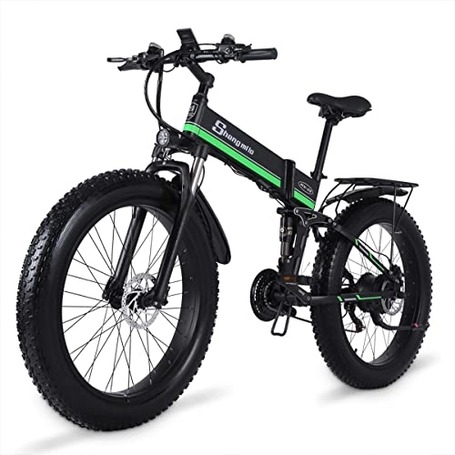 Zusammenklappbares elektrisches Mountainbike : Shengmilo MX01 klappbares E-Bike Shimano 7 Gang-Schaltung 26 Zoll breiter Elektro Mountainbike, 48V 12.5AHLithium Batterie(95N.M) Elektrofahrrad (Grün)