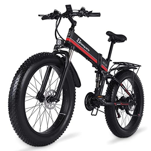 Zusammenklappbares elektrisches Mountainbike : Shengmilo MX01 klappbares E-Bike Shimano 7 Gang-Schaltung 26 Zoll breiter Elektro Mountainbike, 48V 12.5AHLithium Batterie(95N.M) Elektrofahrrad (Rot)
