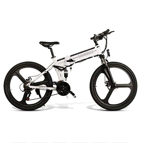 Zusammenklappbares elektrisches Mountainbike : SHTST 26-Zoll-Elektrofahrrad-MTB-E-Bike mit 48-V-8-Ah-Lithiumbatterie, 21-Gang-Shimano-Gangschaltung und hochfesten Stoßdämpfungsscheibenbremsen, 500-W-Motor 25 km / h (Color : White)