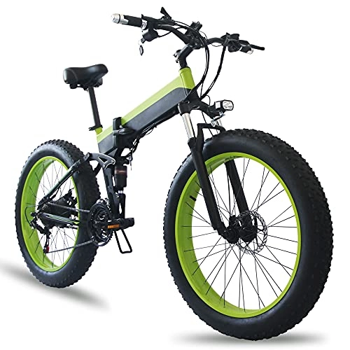 Zusammenklappbares elektrisches Mountainbike : TGHY Faltbares Elektrofahrrad für Erwachsene 26" 4.0 Fetter Reifen Elektro-Mountainbike 45km / h Bürstenloser 500W-Motor 21-Gang Herausnehmbarer Lithium-Akku Schnee-E-Bike, Grün