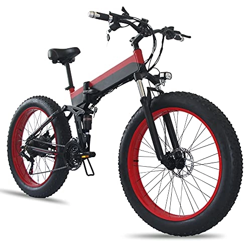 Zusammenklappbares elektrisches Mountainbike : TGHY Faltbares Elektrofahrrad für Erwachsene 26" 4.0 Fetter Reifen Elektro-Mountainbike 45km / h Bürstenloser 500W-Motor 21-Gang Herausnehmbarer Lithium-Akku Schnee-E-Bike, Rot