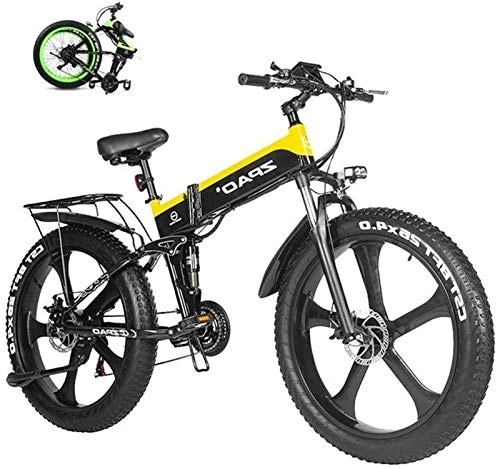 Zusammenklappbares elektrisches Mountainbike : WJSWD Electric Snow Bike, Elektro-Bike 26 Zoll Folding Fat Tire Bike Schnee 12.8Ah Li-Battery Beach Cruiser Berg E-Bike Lithium Battery Beach Cruiser für Erwachsene (Color : Yellow)