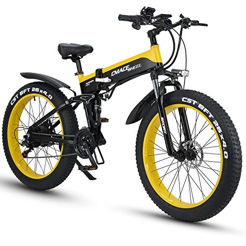 Zusammenklappbares elektrisches Mountainbike : XXCY X26 1000w Elektro Hybrid Bike 26 Zoll Fat Bike 48V Schneemobil Falt-Ebike (Gelb)