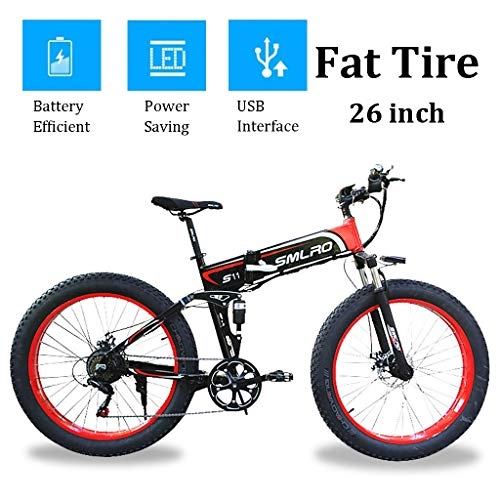 Zusammenklappbares elektrisches Mountainbike : ZJGZDCP Folding Elektro-Bikes mit 350W Motor 48V 14Ah abnehmbare Li-Ionen-Akku 26inch Breitreifen-Elektro-Fahrrad mit LCD-Display und USB-Schnittstelle (Color : RED, Size : 48V-10Ah)