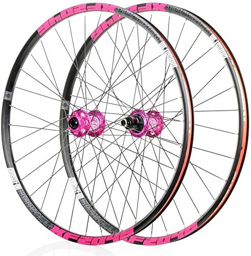 Ruote per Mountain Bike : QQJK - Set di ruote per mountain bike, 26 / 29 / 27, 5", ruote anteriori e posteriori a doppia parete, freno a disco a sgancio rapido, 32 fori, 4 palin 8-11 velocità, colore: rosa