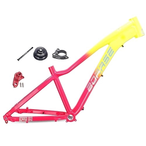 Cadres de vélo de montagnes : Cadre VTT 26 Pouces en Alliage D'aluminium Cadre VTT Semi-Rigide 142 * 12MM Axe Traversant Cadre De Vélo DX / XC / 4X All Mountain Routage Interne (Color : Pink Yellow)