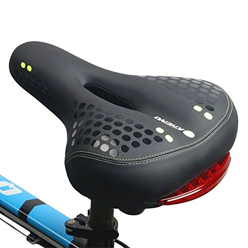 Sièges VTT : Extrbici Selle de vélo de montagne respirante et résistante aux chocs en cuir souple creux avec 5 LED feu arrière (vert)
