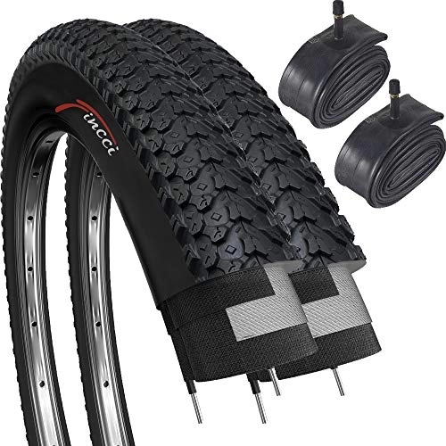 Neumáticos de bicicleta de montaña : Fincci Set Par 26 x 2, 125 Pulgadas 57-559 Plegable Cubiertas con Cámaras de Aire Schrader Válvula Interior para MTB Montaña Hibrida Bici Bicicleta (Paquete de 2)